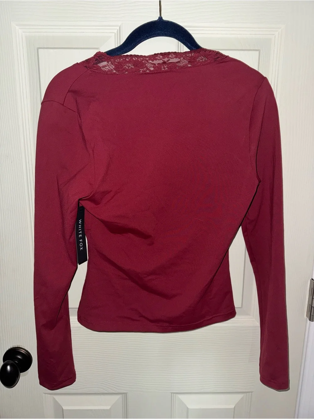 White Fox Boutique Lace-Trim V-Neck Long Sleeve Top - Wine - Picture 4 of 4
